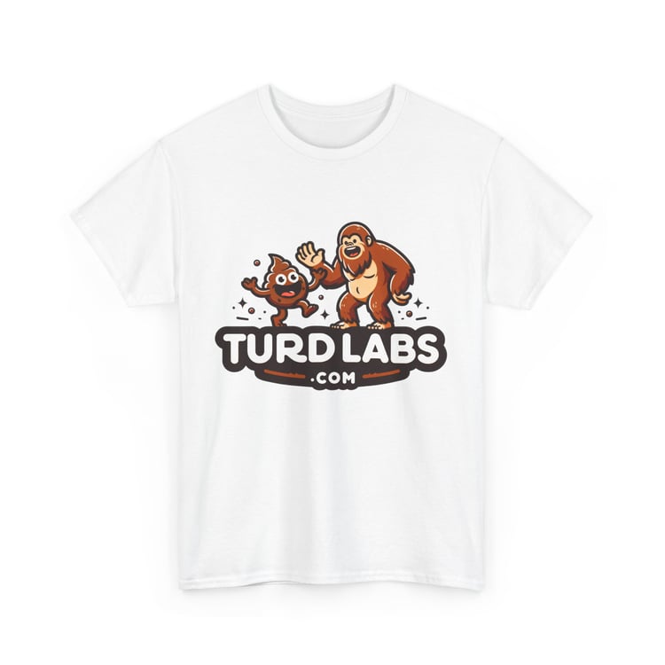 White T-shirt with cartoon bigturd and bigfoot design, TURD LABS .COM text. Fun, quirky style.