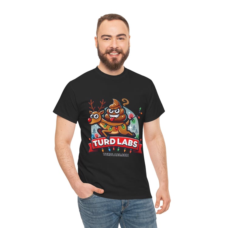 Man in festive poop emoji t-shirt with Christmas lights and cheerful pose.