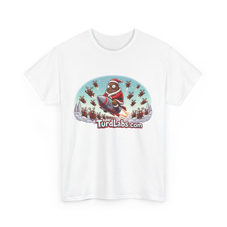 Funny Christmas t-shirt with poop on a rocket, Santa theme, and reindeer, by TurdLabs.