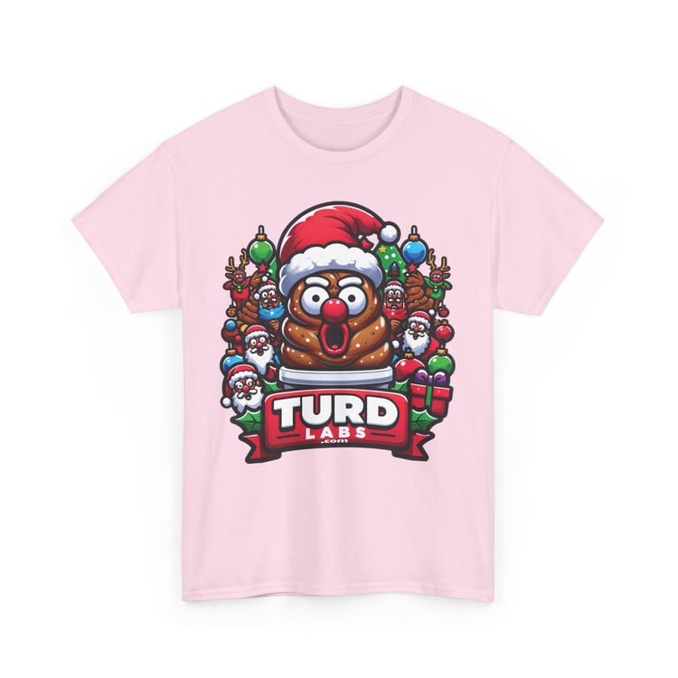 Festive cartoon poop emoji Christmas t-shirt with Santa hat and holiday decorations.