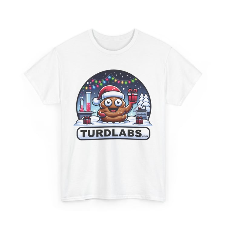 Christmas-themed cartoon poo emoji T-shirt with festive lights and scientific elements.