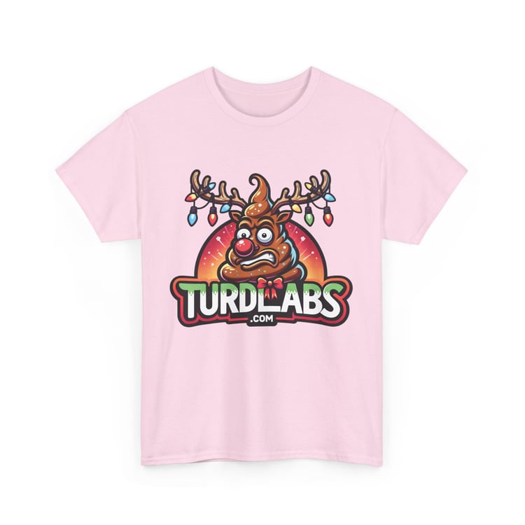 Festive poop emoji reindeer T-shirt with lights, red nose, and bold TURD LABS .COM.