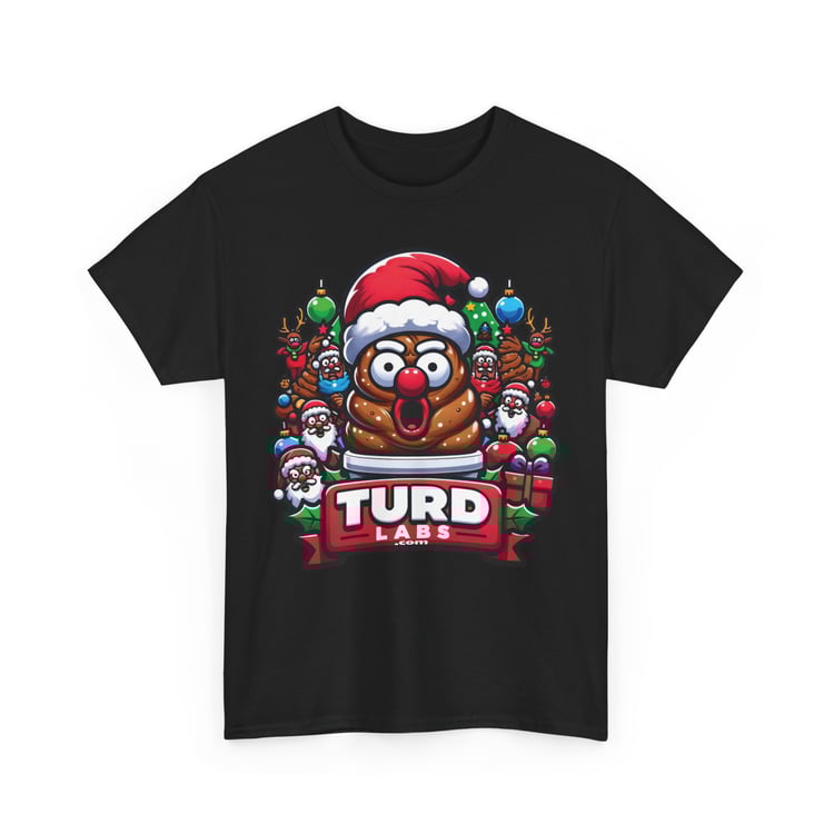 Festive poop emoji t-shirt with Santa hat and Christmas ornaments, humor meets holiday cheer.