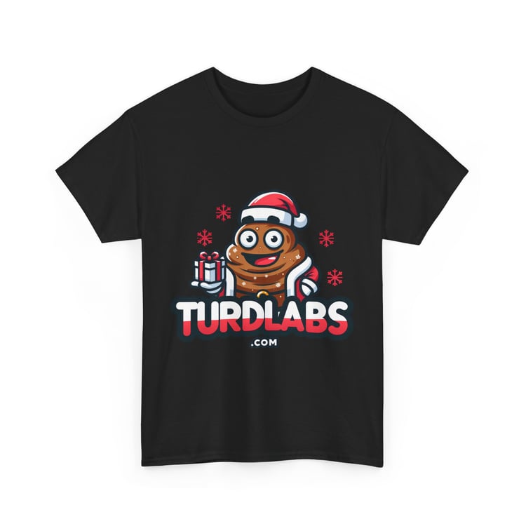 Cheerful holiday poop T-shirt with Santa hat, snowflakes, and gift; novelty Christmas shirt.
