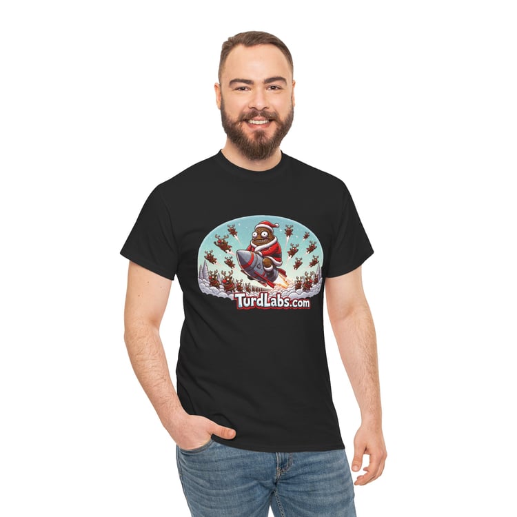 Man in festive poop-themed holiday t-shirt with Santa rocket design, TurdLabs.com branding.