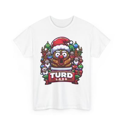 Whimsical Christmas T-shirt with poop emoji, Santa hat, TURD LABS.com, festive ornaments.