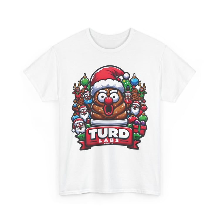 Whimsical Christmas T-shirt with poop emoji, Santa hat, TURD LABS.com, festive ornaments.