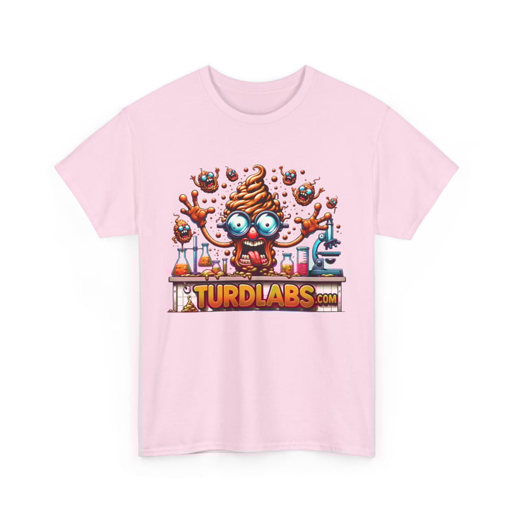 Quirky science cartoon lab design on pink t-shirt with colorful poop character.