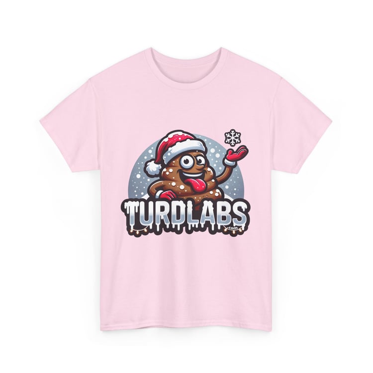 Festive pink T-shirt with playful poop emoji, Santa hat, and snowy background for holiday cheer.