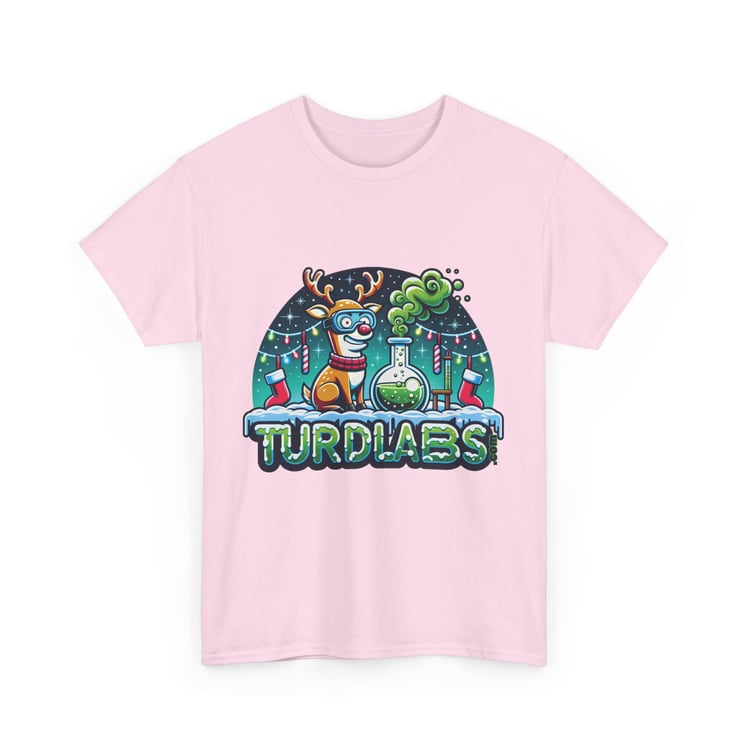 Cartoon reindeer with glasses on festive pink T-shirt, featuring an experimental winter lab scene.