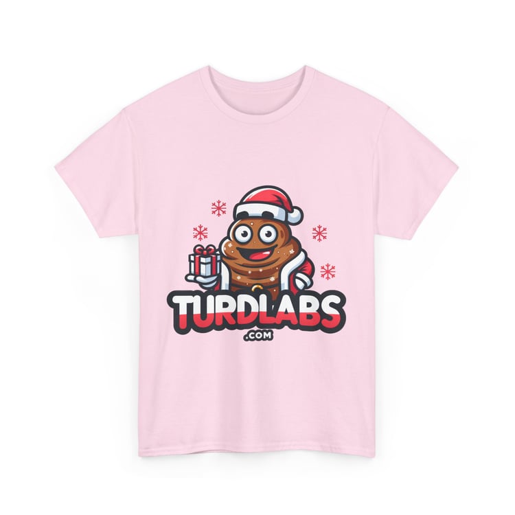 Light pink T-shirt with festive poop emoji in Santa attire, perfect for holiday humor.