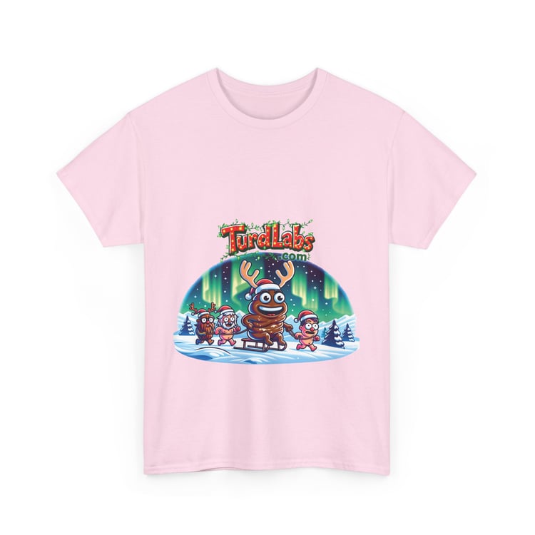 Light pink t-shirt with festive poop reindeer design, featuring holiday-themed cartoon characters.