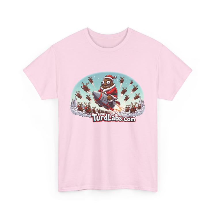 Cartoon Santa on rocket with reindeer, holiday shirt from TurdLabs, fun festive design.