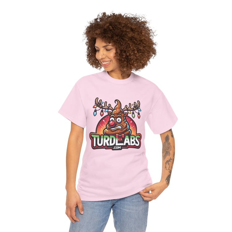 Colorful reindeer Christmas T-shirt design with humorous TURD LABS text on cheerful person.