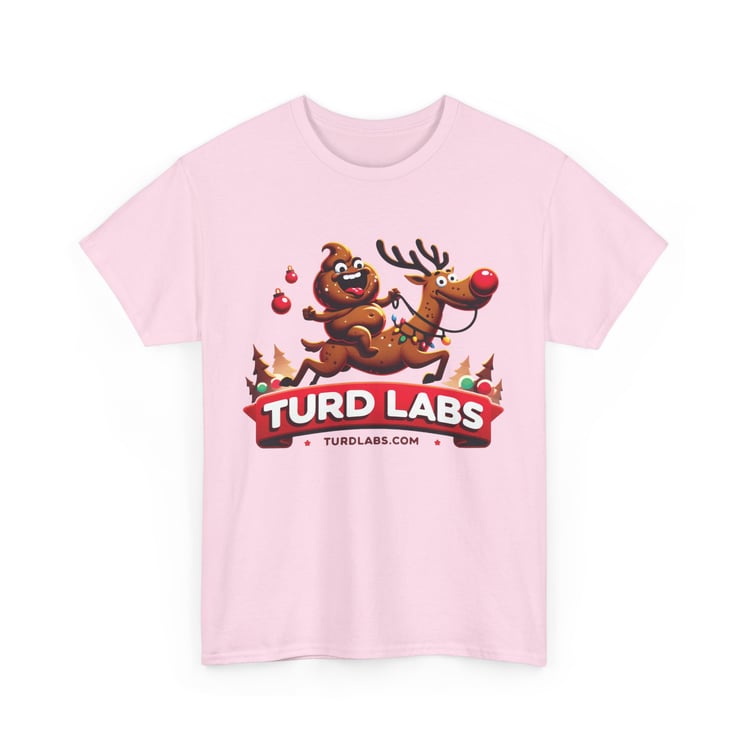 Cartoon poop emoji riding Rudolph on festive pink t-shirt with TURD LABS branding.