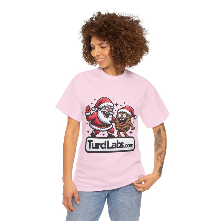 Cartoon Santa and Gingerbread T-Shirt with TurdLabs.com Logo on Pastel Pink Background