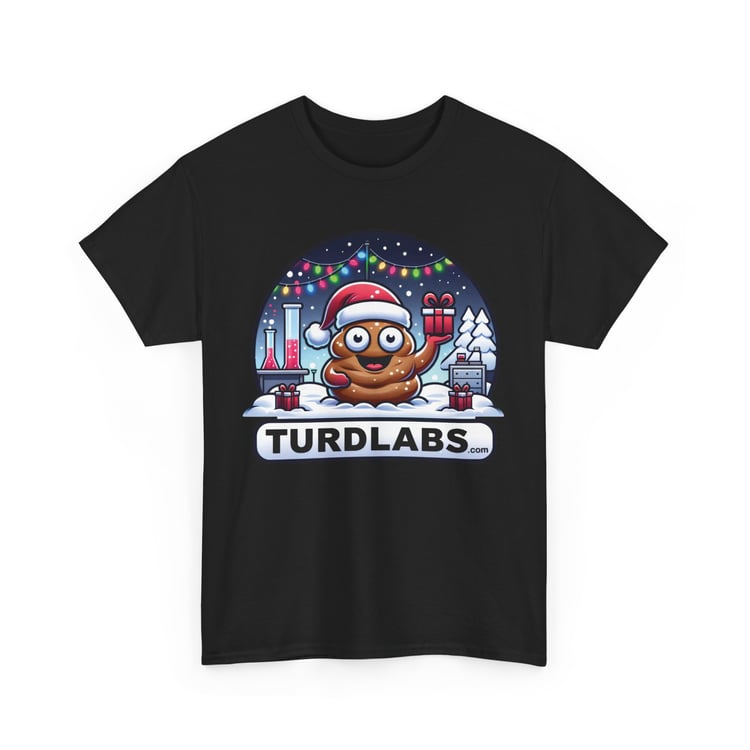 Festive Poop Emoji T-Shirt: Christmas Humor with Santa Hat, Gifts, and TURDLABS Branding.