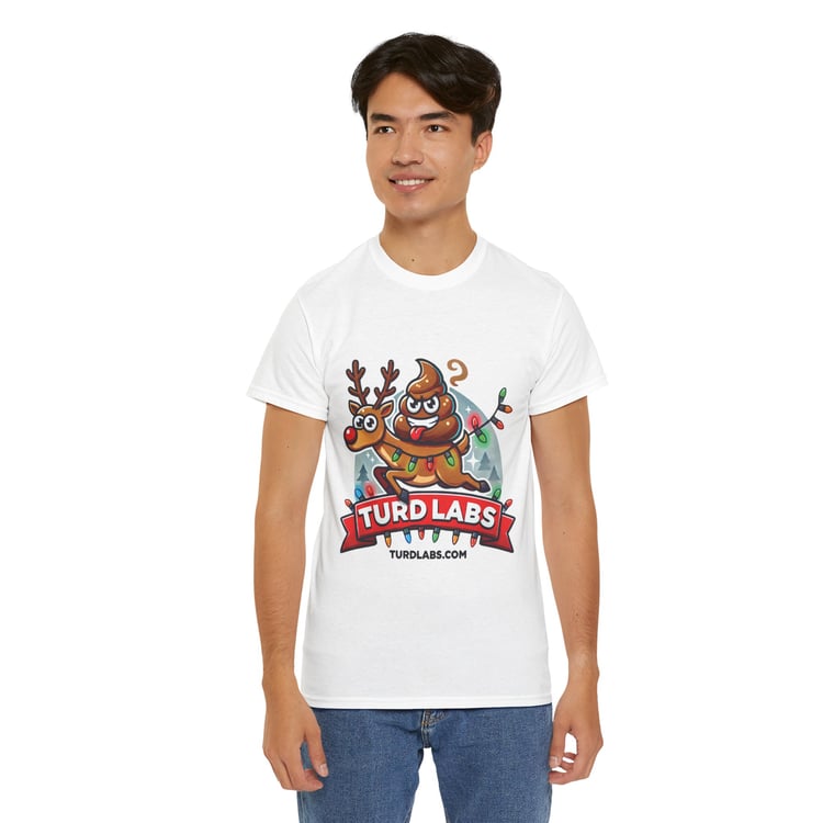 Festive poop emoji reindeer t-shirt: playful design with TURD LABS branding, Christmas-themed.