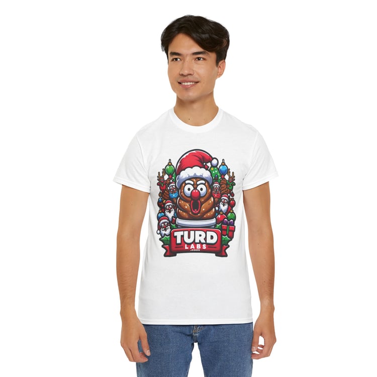 Young man wearing a playful poop emoji Christmas T-shirt with TURD LABS text.