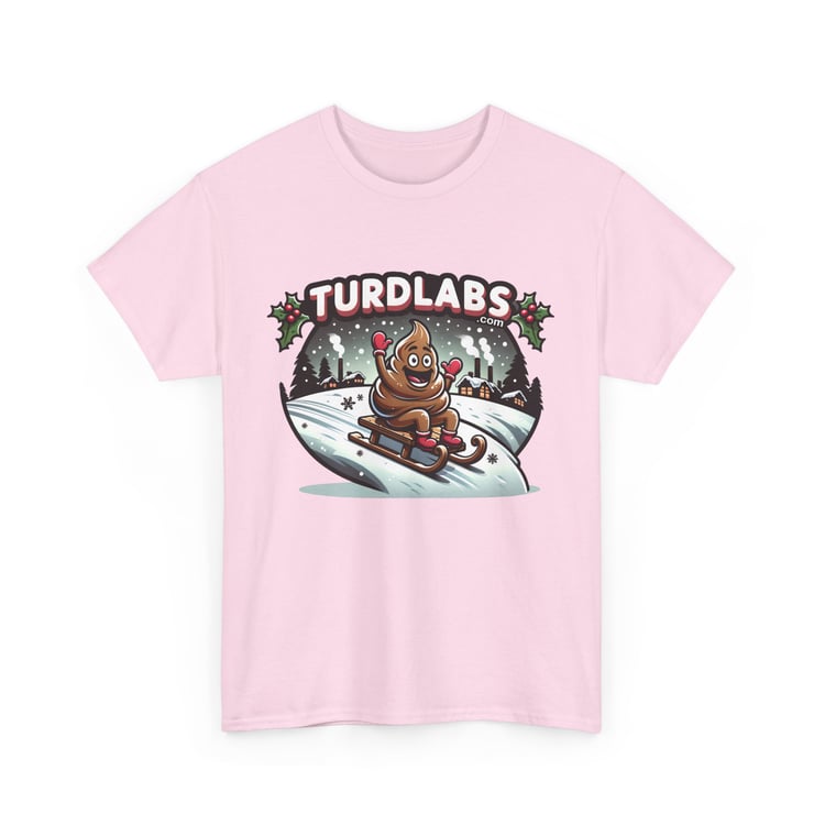 Cheerful poop emoji sledding winter T-shirt with pink mittens and holiday theme.