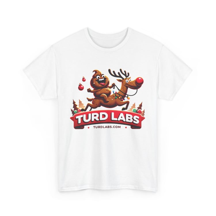 Festive cartoon poop and reindeer T-shirt with Christmas lights and TURD LABS branding.