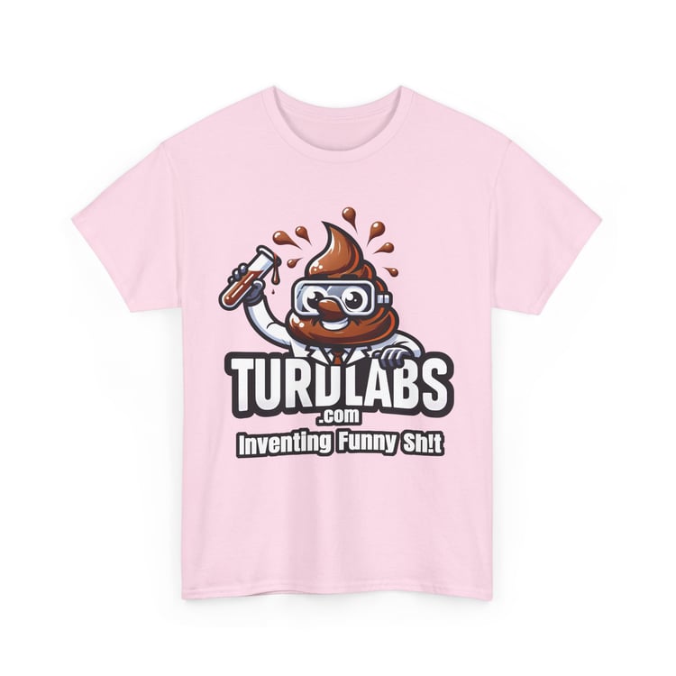 Light pink T-shirt with cartoon poop scientist, goggles, flask, TURDLABS.com, and humorous tagline.