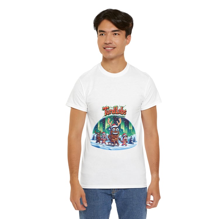 Young man in a colorful Christmas reindeer t-shirt by TurdLabs.com, festive cartoon design.
