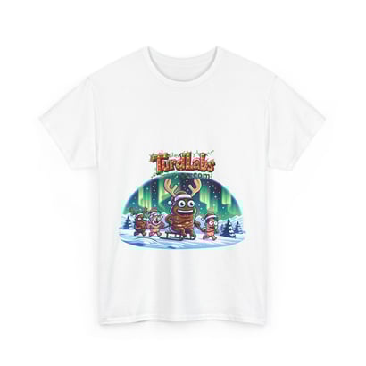 Festive holiday T-shirt with whimsical reindeer, gingerbread characters, and northern lights design.
