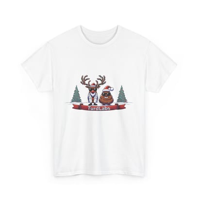Festive T-shirt with reindeer scientist and poop emoji in Santa hats, TurdLabs design.