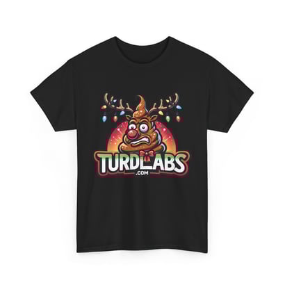 Festive poop emoji reindeer t-shirt with Christmas lights and TURD LABS branding.