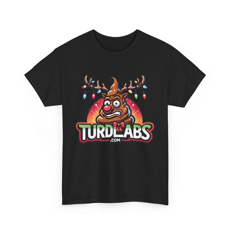 Festive poop emoji reindeer t-shirt with Christmas lights and TURD LABS branding.