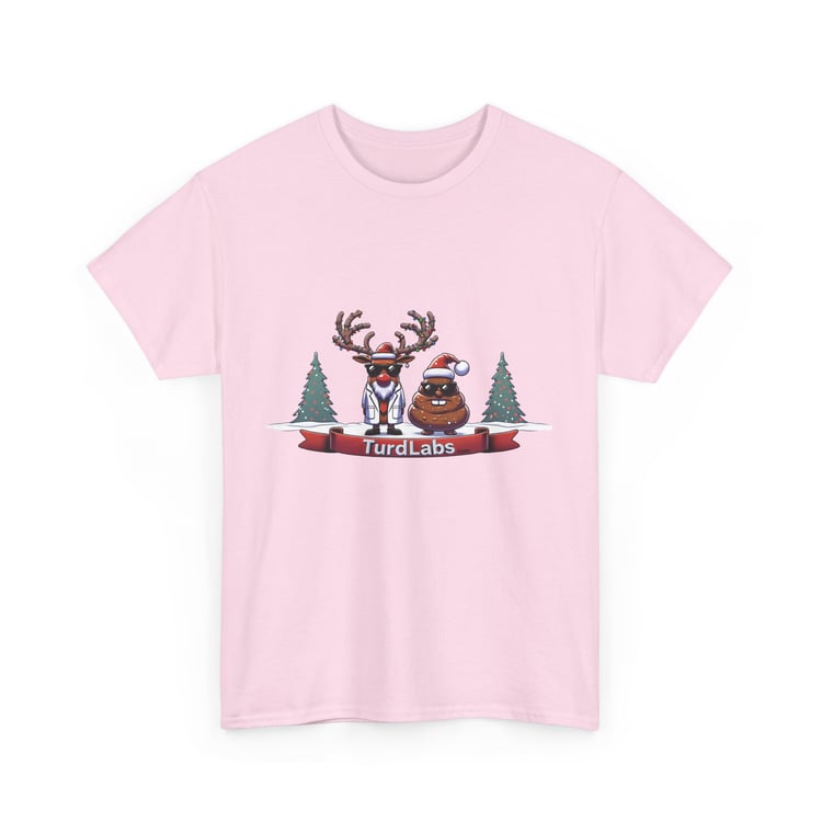 Pink T-shirt with reindeer scientist and Santa poop emoji, featuring TurdLabs humor.