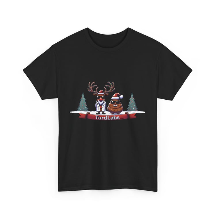 Christmas scientist reindeer with poop wearing Santa hat, TurdLabs holiday t-shirt design.