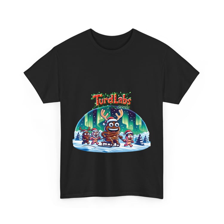 Humorous Christmas T-shirt with reindeer poop design, Santa hats, and aurora borealis background.