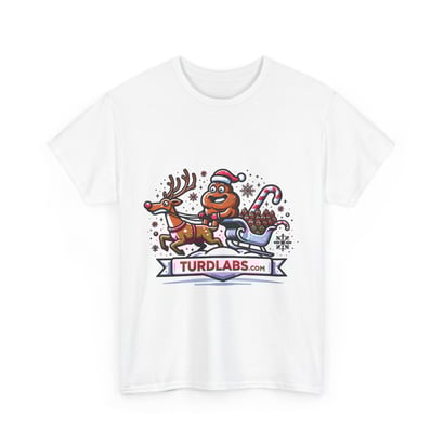 Humorous Christmas T-shirt with reindeer, poop emoji Santa, and festive decorations.