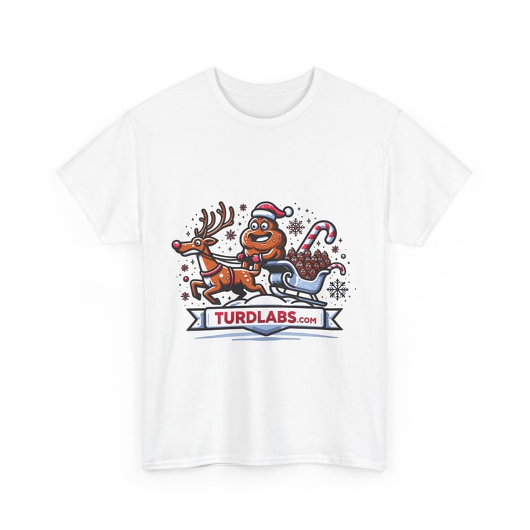 Humorous Christmas T-shirt with reindeer, poop emoji Santa, and festive decorations.