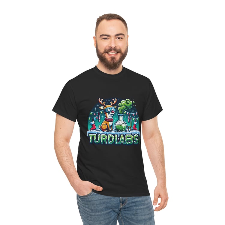 Cheerful bearded man in playful reindeer scientist t-shirt, embodying festive holiday spirit.