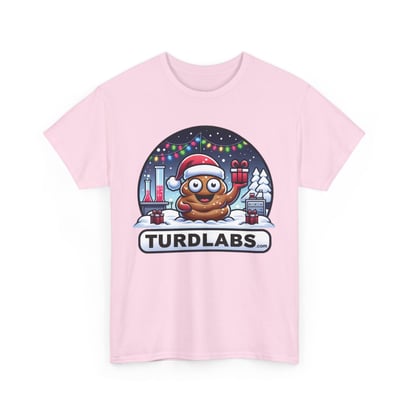 Cartoon poop emoji in Santa hat on pink T-shirt, holding Christmas gift.