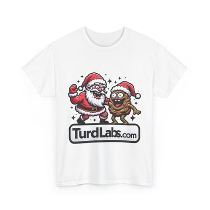 Funny Christmas T-shirt featuring Santa and a poop emoji with festive hats and stars.