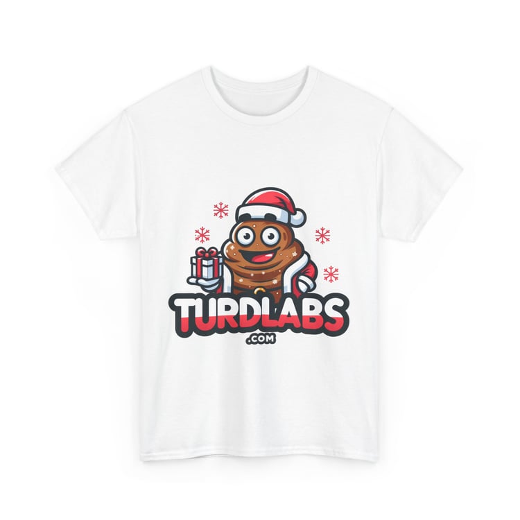 Festive poop emoji T-shirt in Santa hat with gift, red snowflakes, TURDLABS.COM branding.