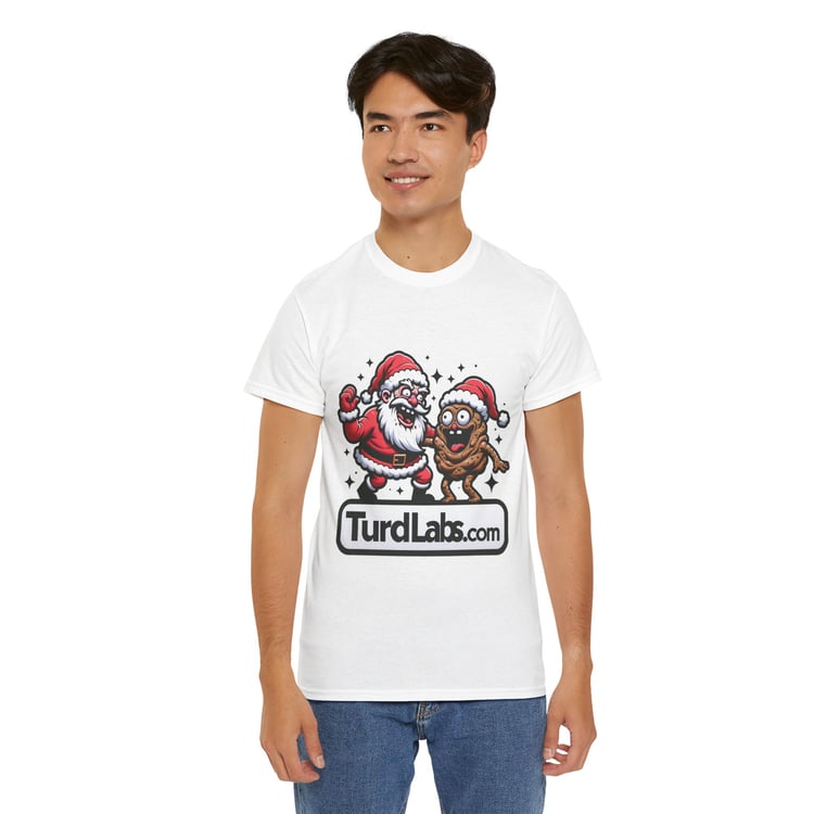Person models funny Santa and poop T-shirt; festive humor from TurdLabs.com.