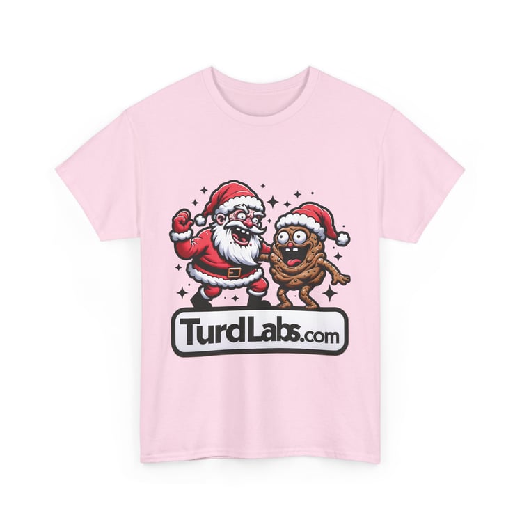 Whimsical pink T-shirt with Santa and poop emoji design, stars, and TurdLabs.com text.