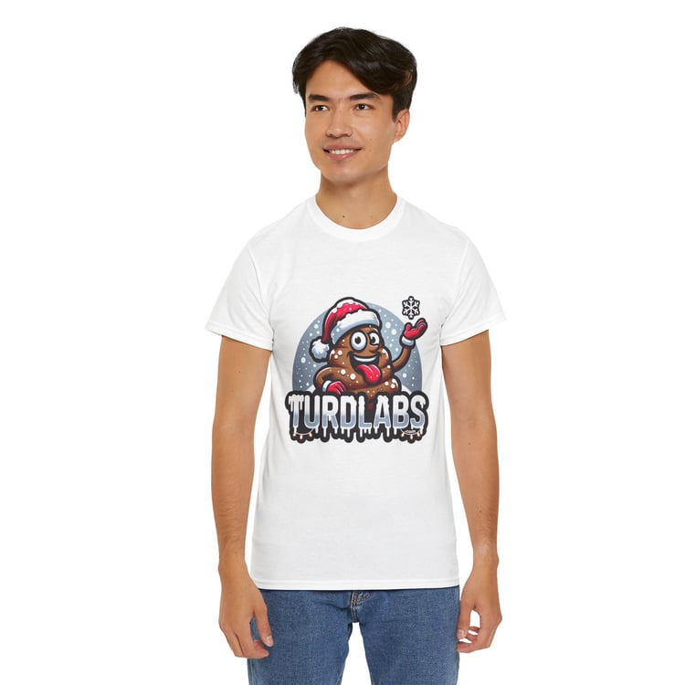 Cartoon Poop swirl Santa T-shirt with winter theme and TURDLABS logo.