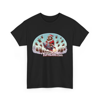 Playful Santa on a rocket t-shirt with reindeer, snowy trees, by TurdLabs.