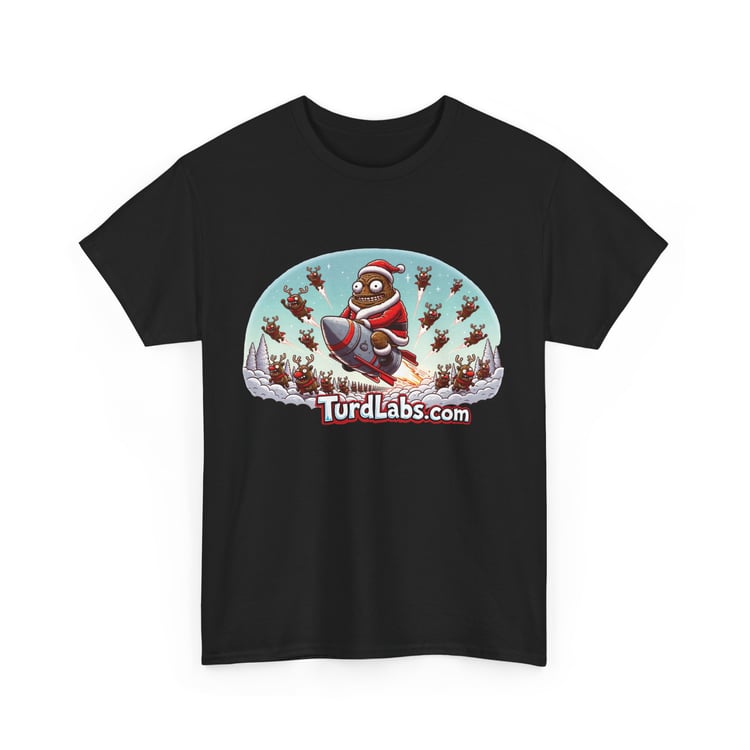 Playful Santa on a rocket t-shirt with reindeer, snowy trees, by TurdLabs.