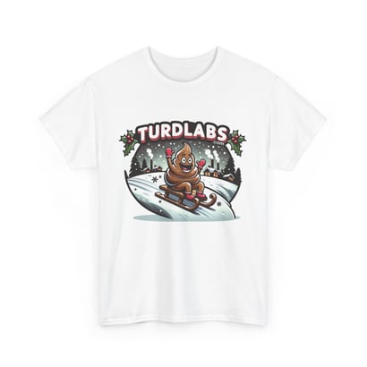 Festive T-shirt with sledding poop emoji, red winter gear, TURDLABS branding, snowy night scene.