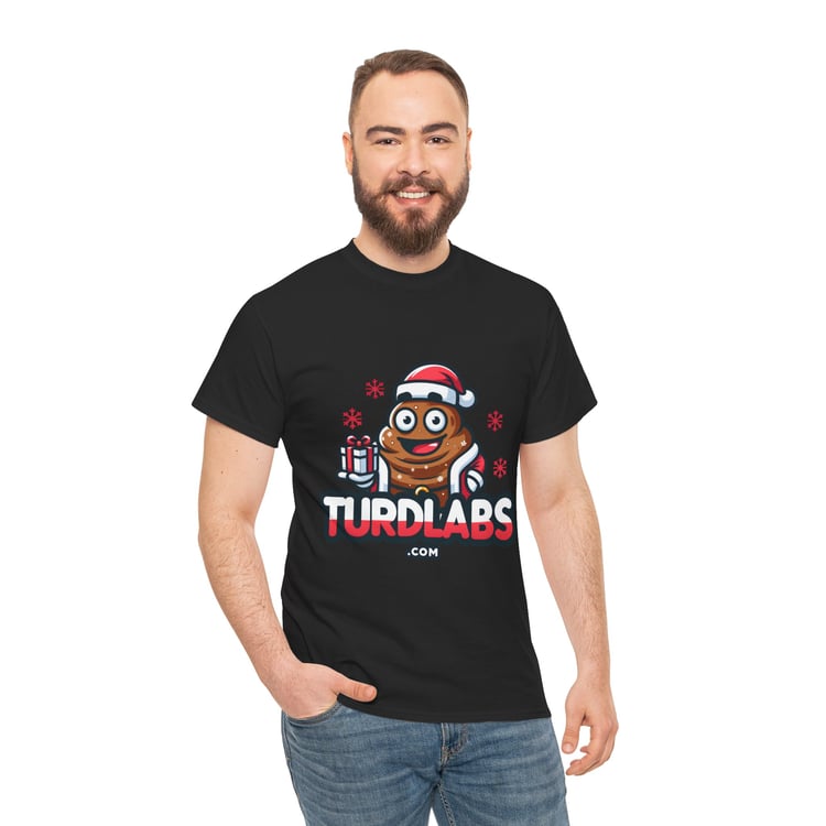 Smiling man in black T-shirt with humorous holiday cartoon and TURDLABS.com logo.