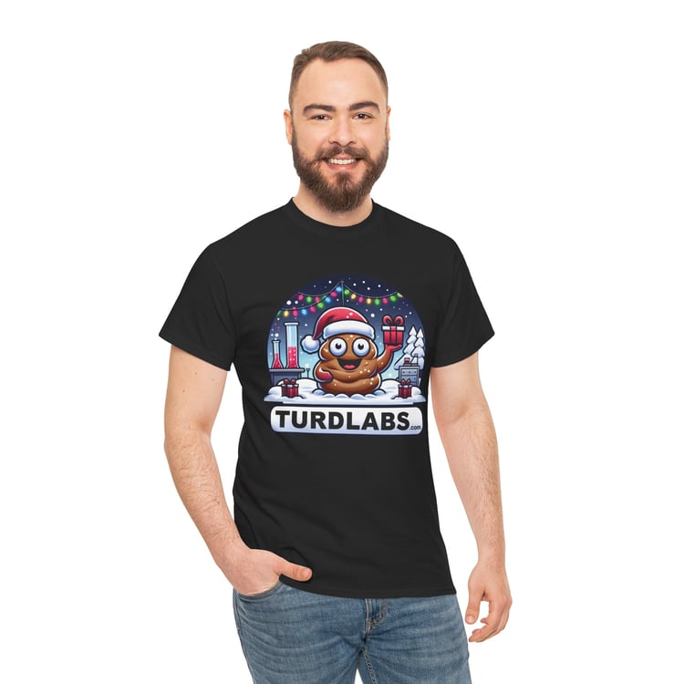 Santa poop emoji shirt with holiday elements and TURDLABS.com branding, embodying humor and festivity.