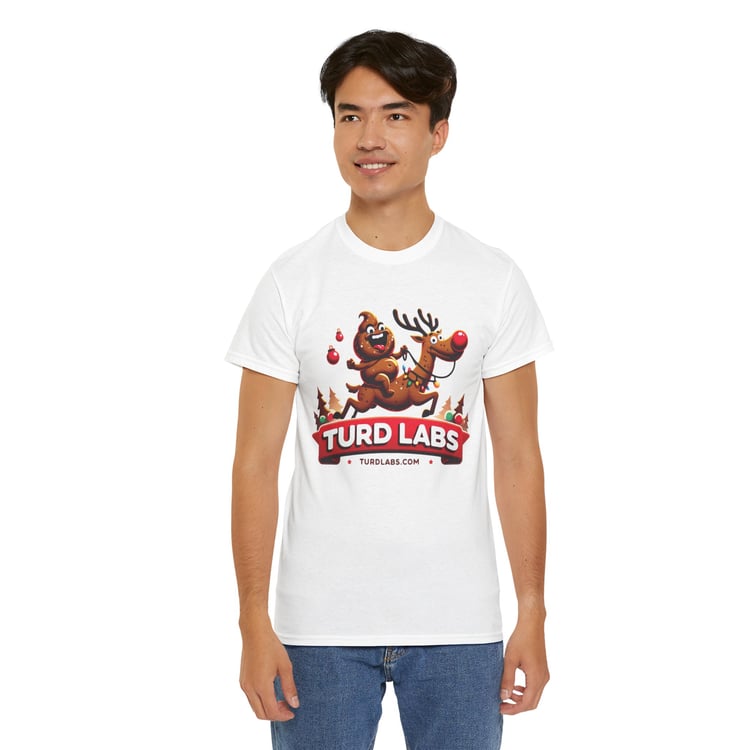 Cheerful tee: character on festive reindeer; TURD LABS branding; young man, casual pose.