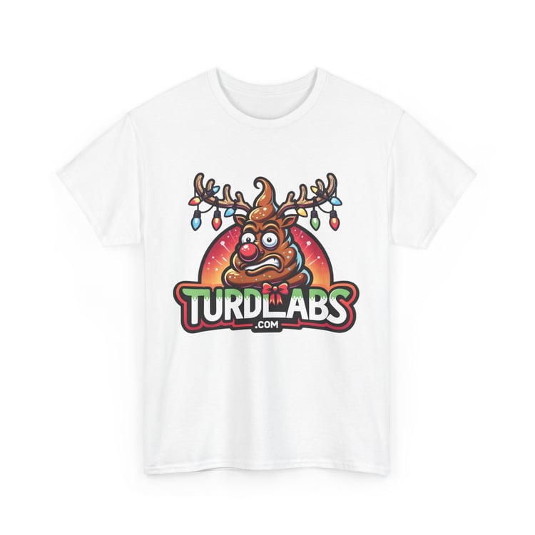 Festive poop emoji T-shirt with reindeer antlers and Christmas lights, featuring TURD LABS branding.